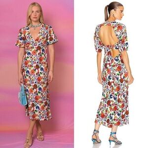 RIXO Floral Print Crepe Short Sleeve V-Neck Tied Cutout Open Back Midi Dress XS
